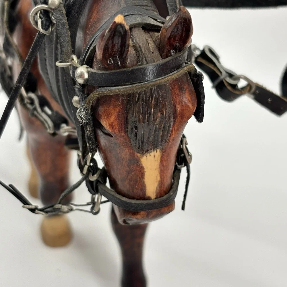 Rare Vintage Wooden Horses With Tooled Leather Bridle Reins Draft‎ Team